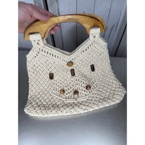 VTG 70s Ivory Crochete Macrame & Wood Bead Knit HandBag Bag